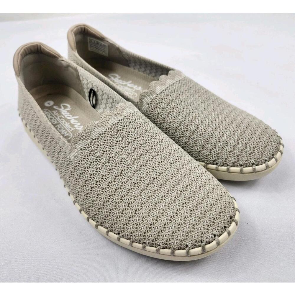 Skechers Womens 8 M Beige Memory Foam Loafer Slip On Casual Flats Shoes NEW